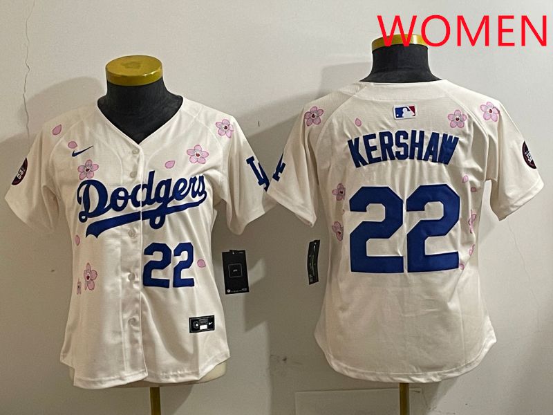 Women Los Angeles Dodgers #22 Kershaw Cream Sakura Edition 2025 Nike MLB Jersey style 3